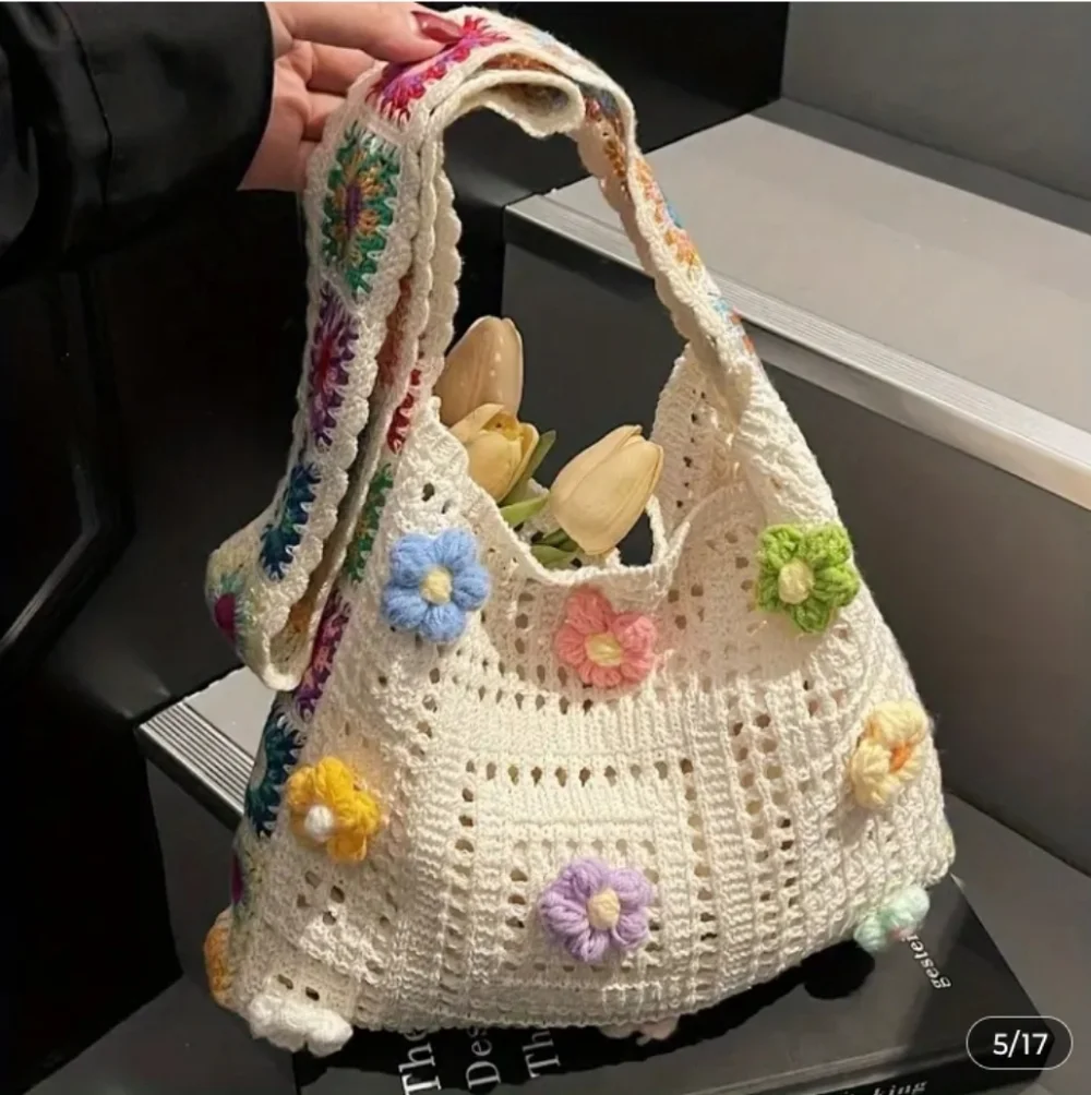 Bohemian Crochet Floral Messenger Bag - Multicolor - Picture 3 of 6